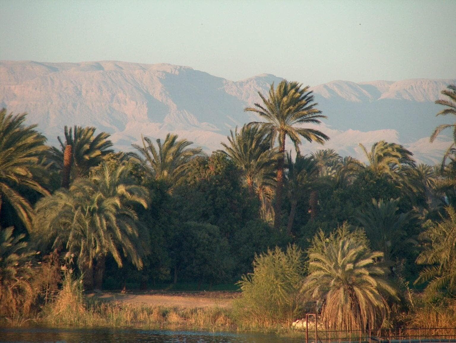 the Nile River in Egypt, with calm waters reflecting the surrounding greenery and distant hills under a partly cloudy sky