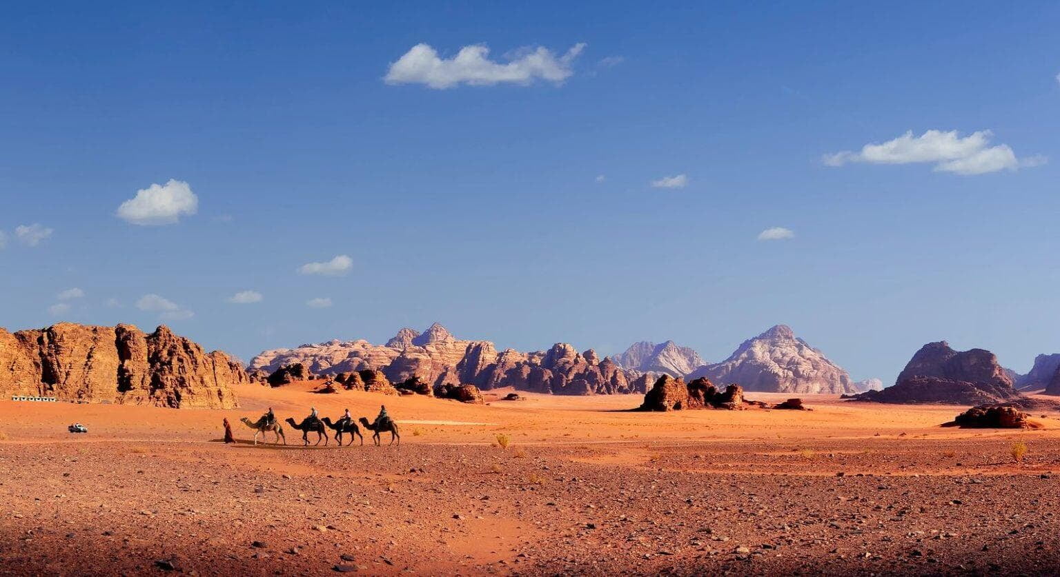 the Wadi Rum desert in Jordan, with vast sandy plains and towering rock formations under a clear blue sky